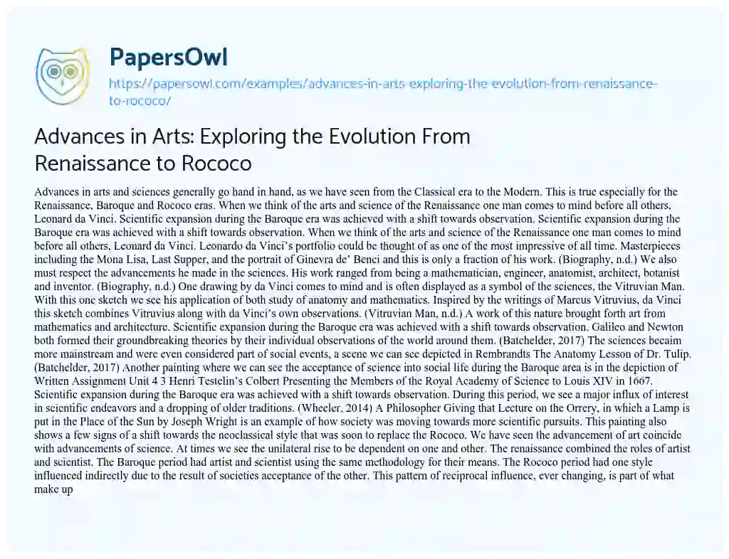 Essay on Advances in Arts: Exploring the Evolution from Renaissance to Rococo