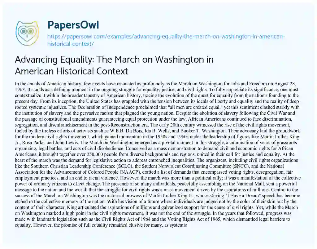 Essay on Advancing Equality: the March on Washington in American Historical Context