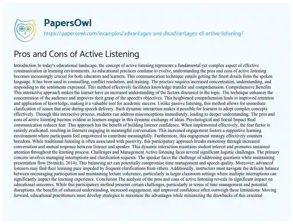 Essay on Advantages and Disadvantages of Active Listening