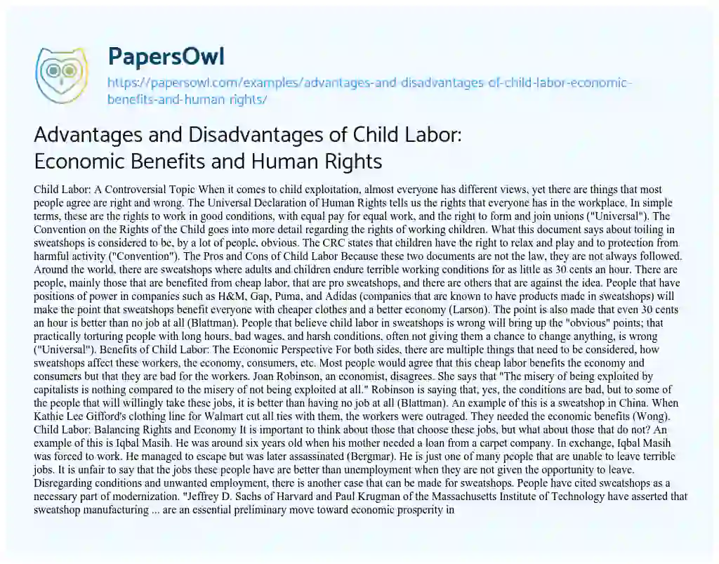 Essay on Advantages and Disadvantages of Child Labor: Economic Benefits and Human Rights