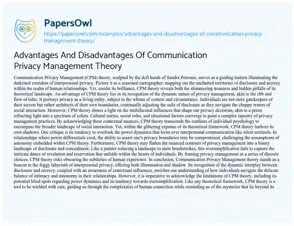 Essay on Advantages and Disadvantages of Communication Privacy Management Theory