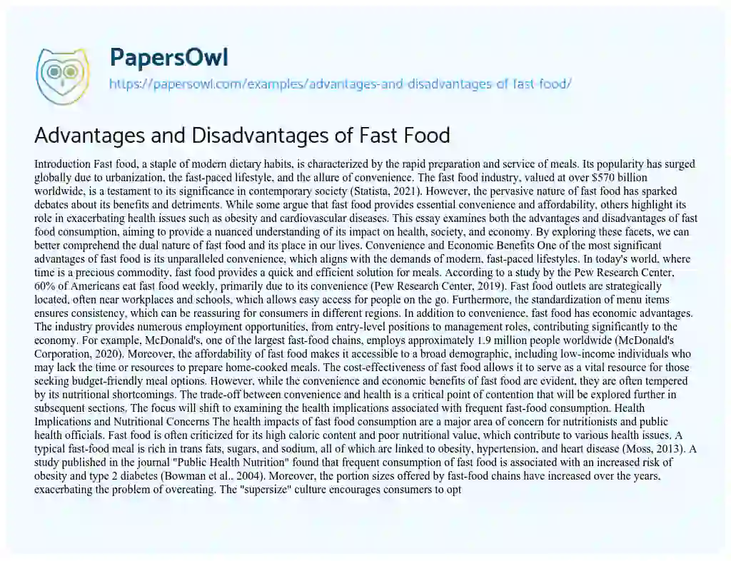 Essay on Advantages and Disadvantages of Fast Food