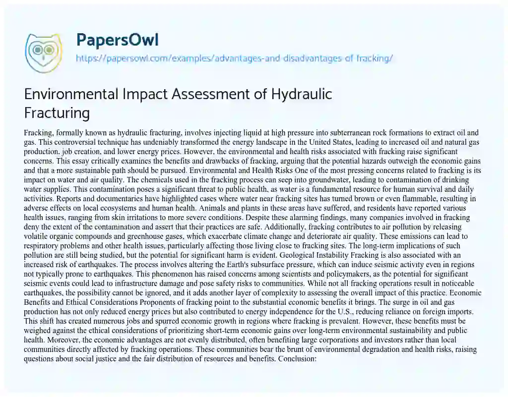 Essay on Advantages and Disadvantages of Fracking