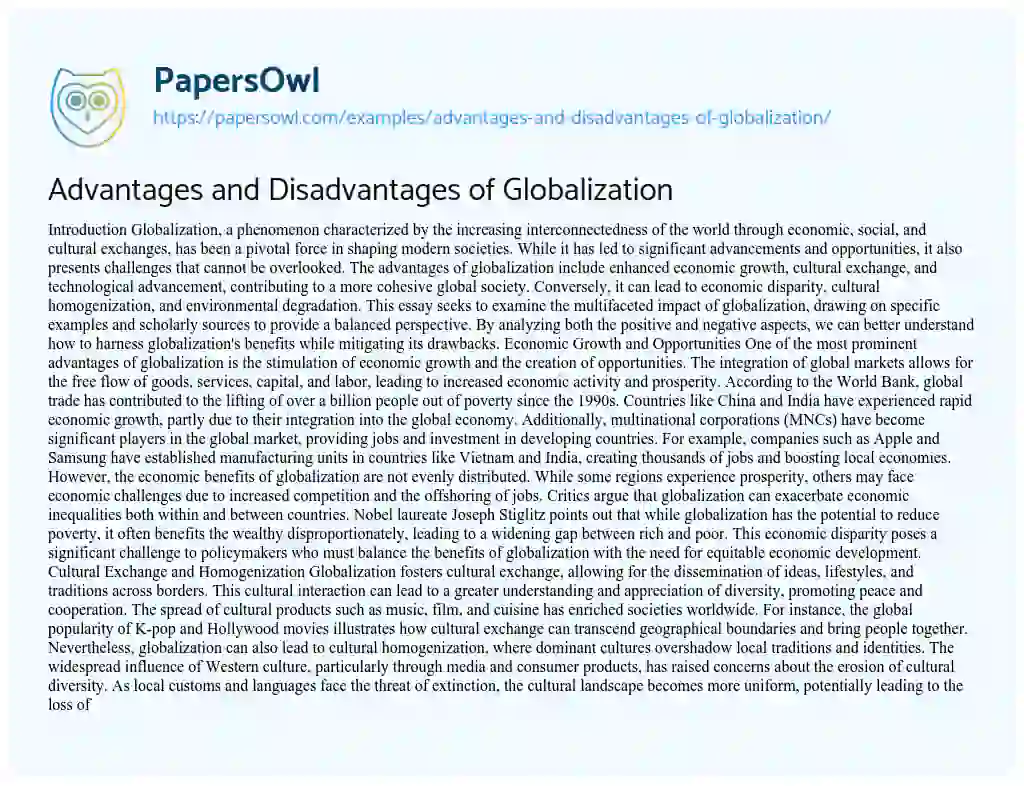 Essay on Advantages and Disadvantages of Globalization
