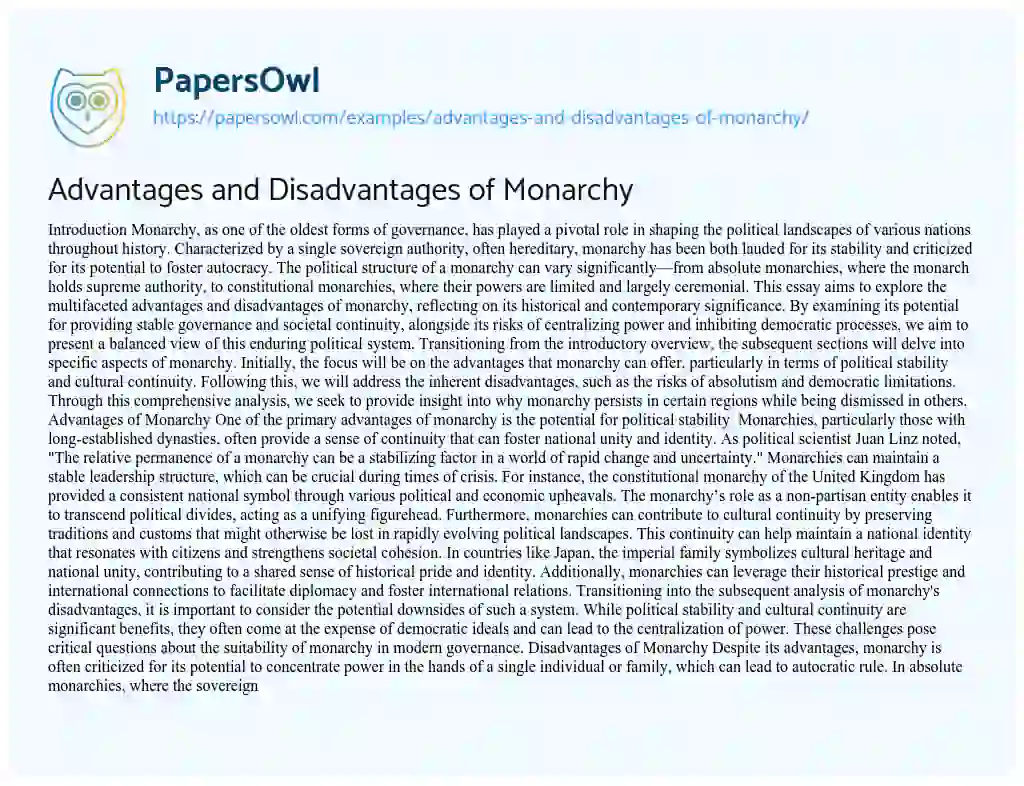 Essay on Advantages and Disadvantages of Monarchy