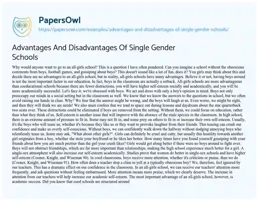 Essay on Advantages and Disadvantages of Single Gender Schools