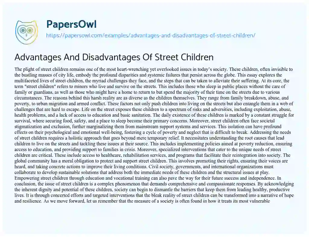 Essay on Advantages and Disadvantages of Street Children