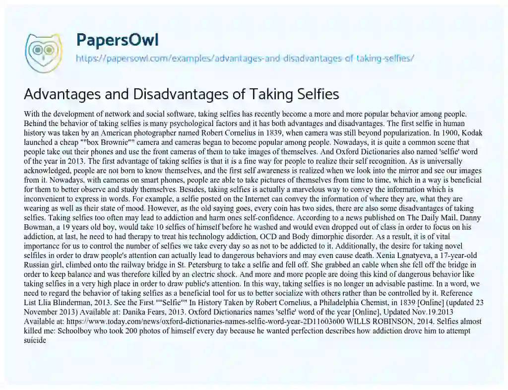 Advantages and Disadvantages of Taking Selfies essay