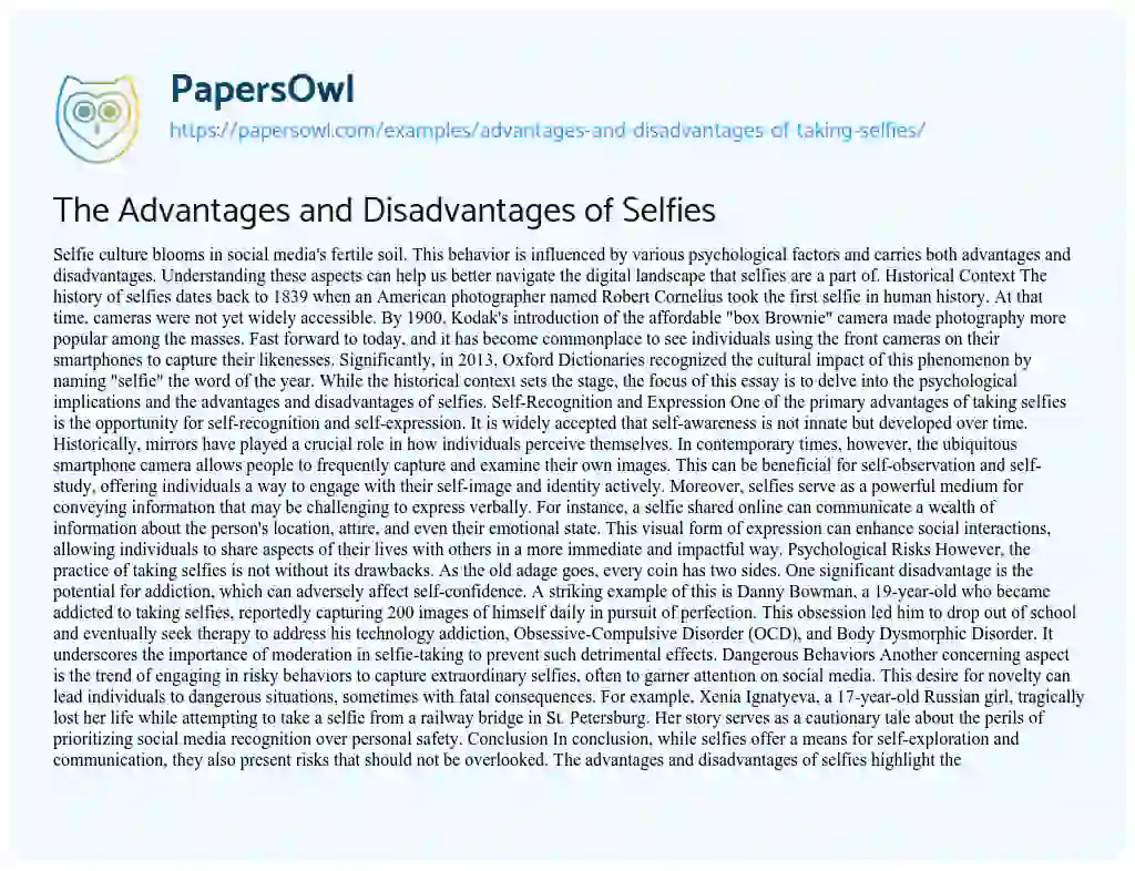 Essay on Advantages and Disadvantages of Taking Selfies