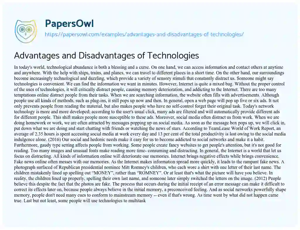 Essay on Advantages and Disadvantages of Technologies