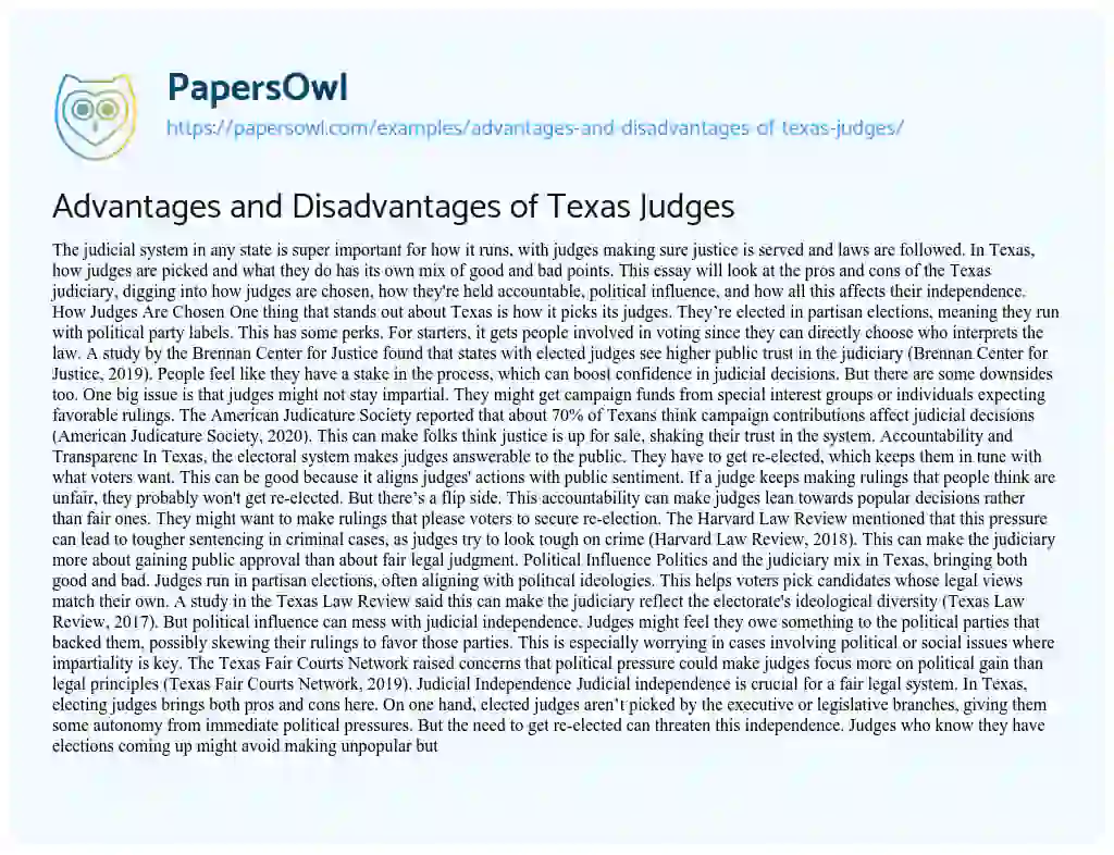 Essay on Advantages and Disadvantages of Texas Judges