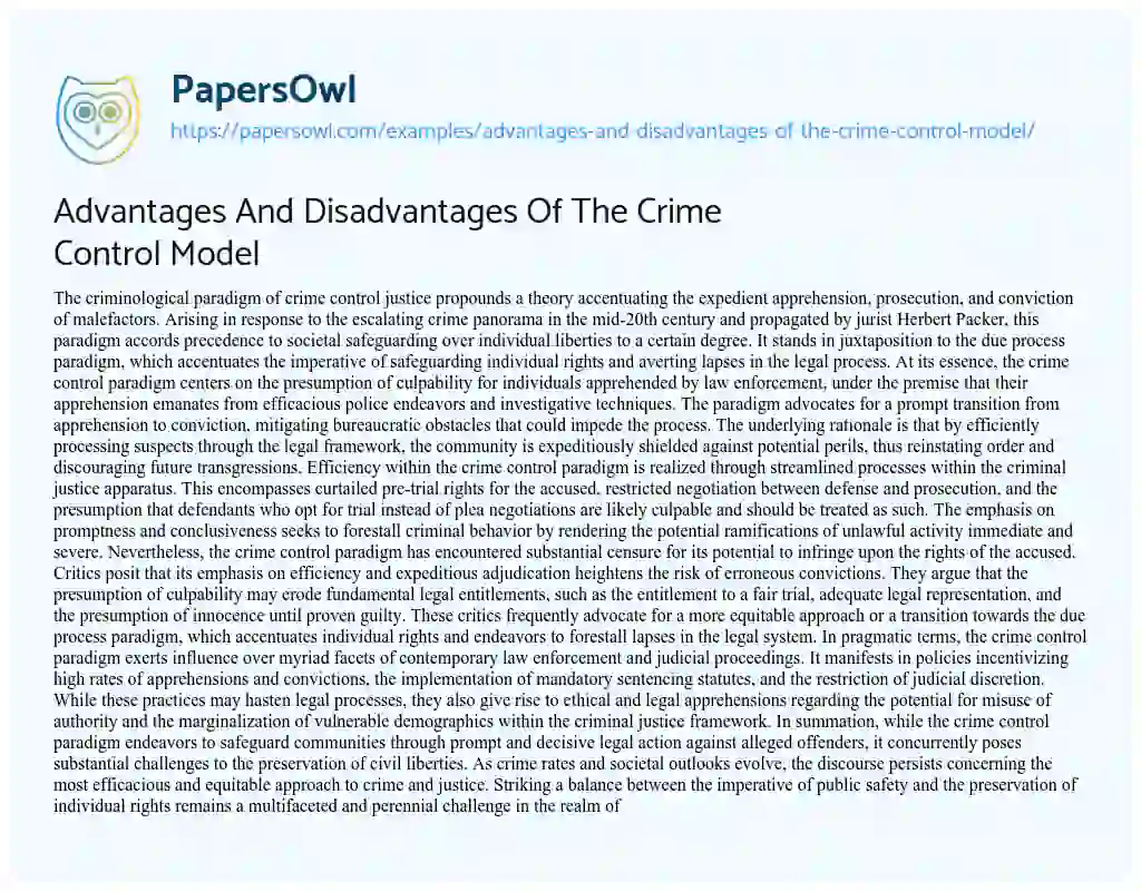 Essay on Advantages and Disadvantages of the Crime Control Model