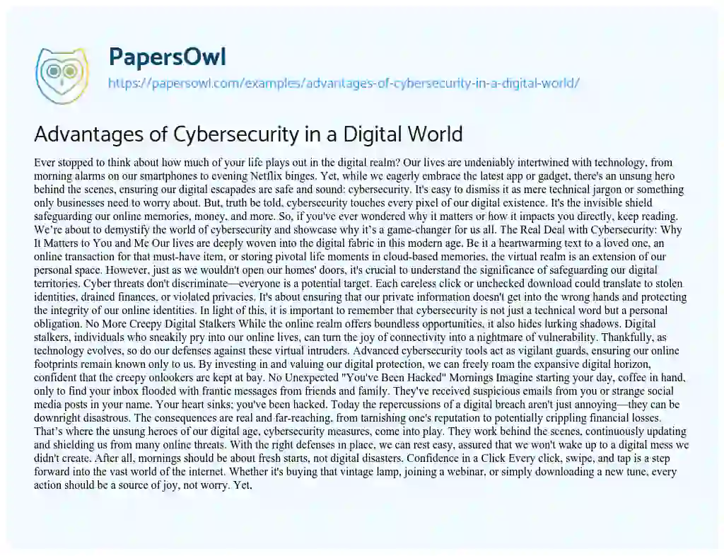 Essay on Advantages of Cybersecurity in a Digital World