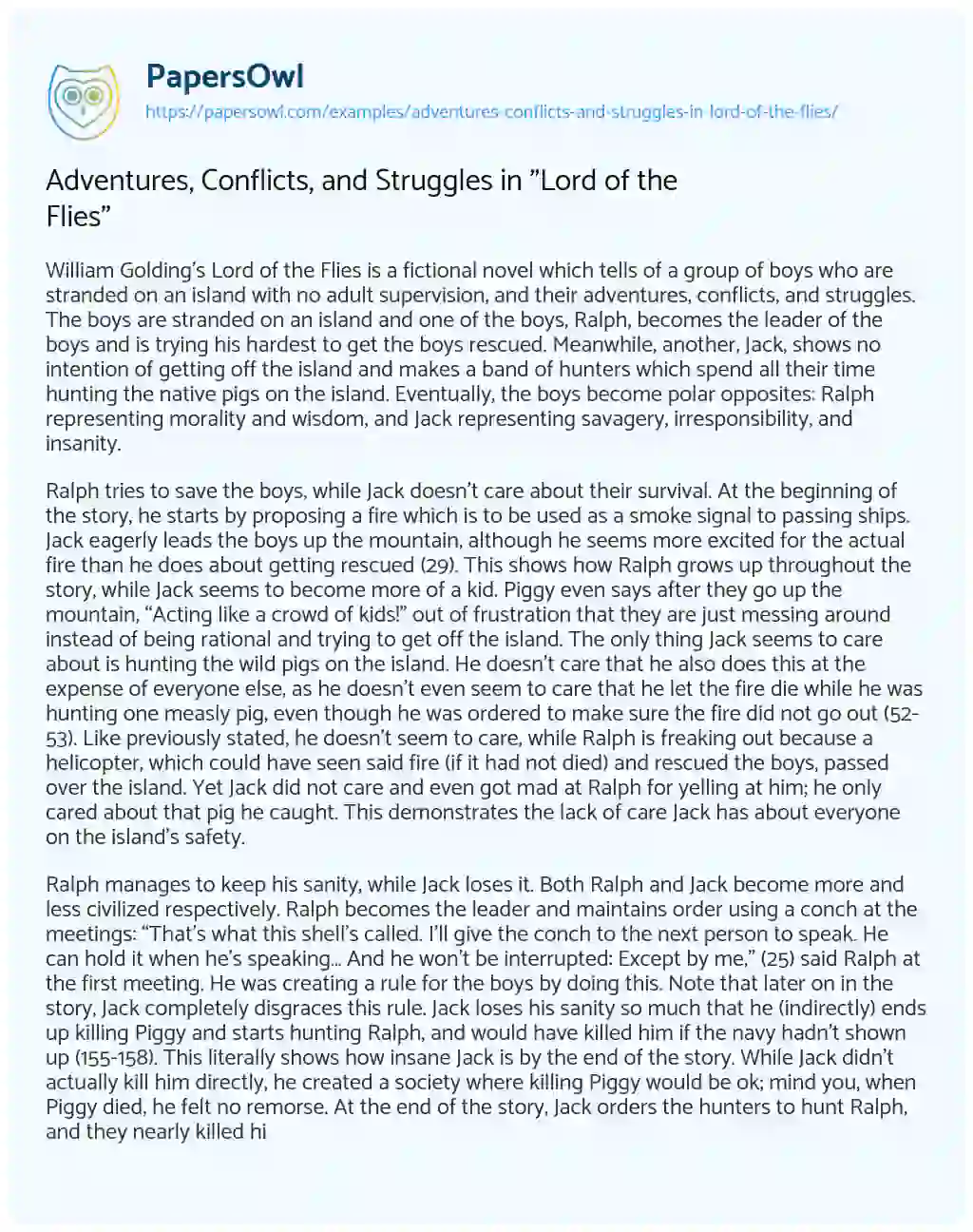 Essay on Adventures, Conflicts, and Struggles in “Lord of the Flies”