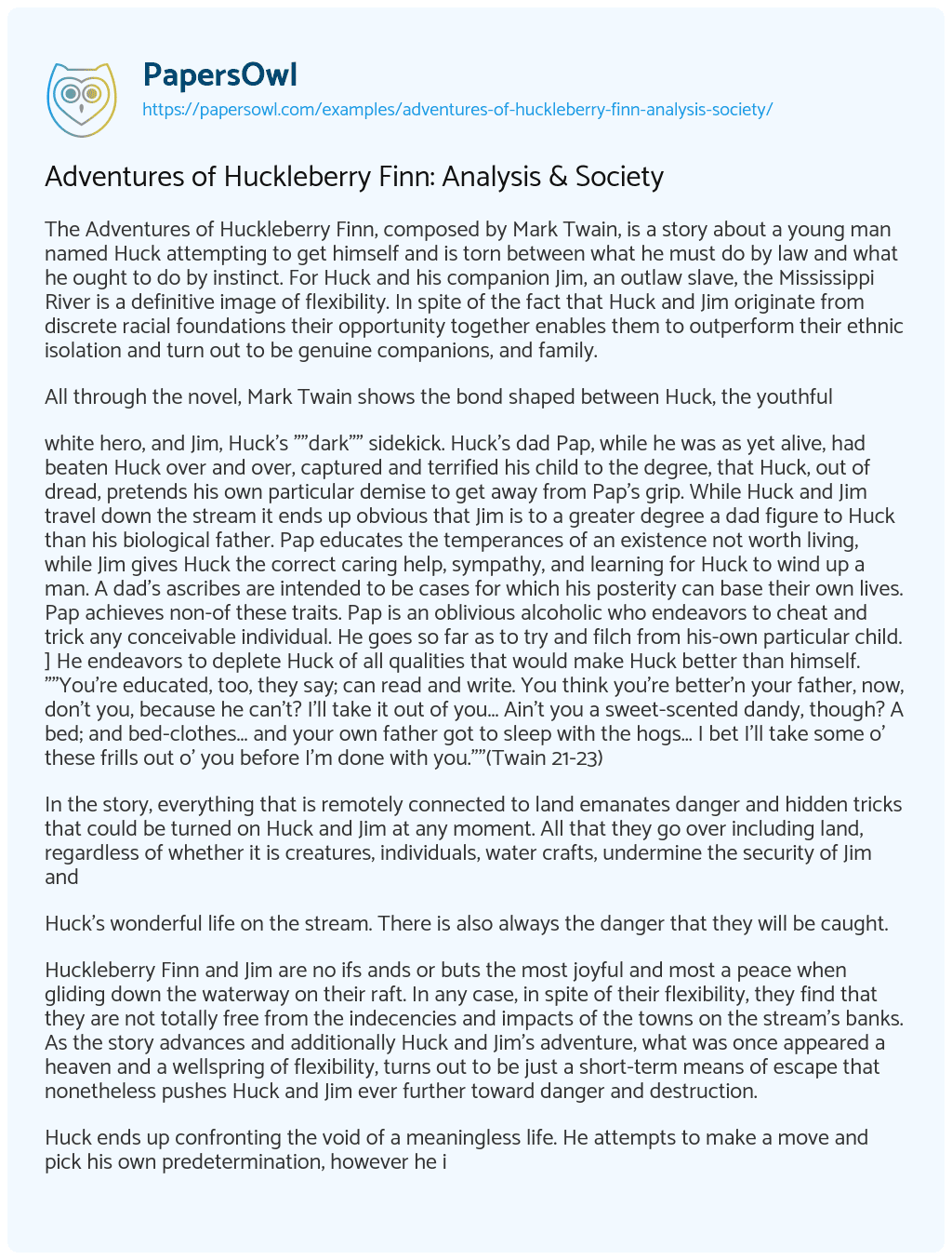 Adventures of Huckleberry Finn: Analysis & Society essay