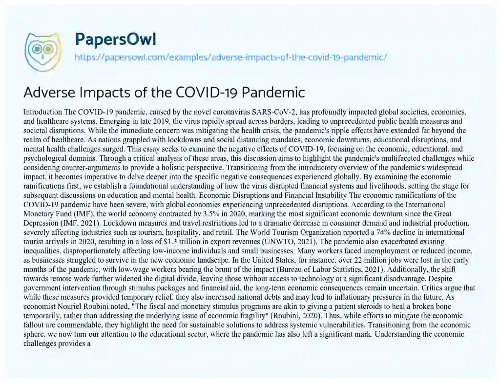 Essay on Adverse Impacts of the COVID-19 Pandemic