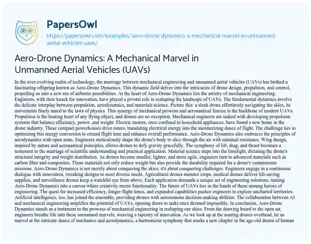 Essay on Aero-Drone Dynamics: a Mechanical Marvel in Unmanned Aerial Vehicles (UAVs)