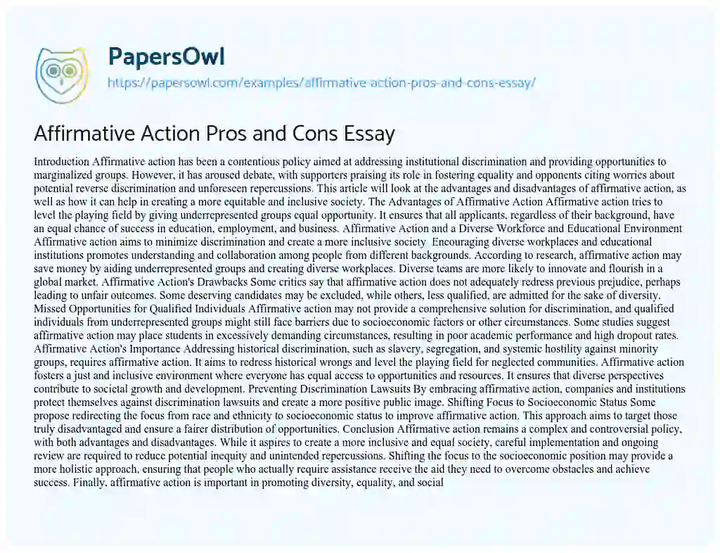 Essay on Affirmative Action Pros and Cons Essay