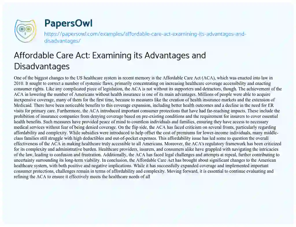 Essay on Affordable Care Act: Examining its Advantages and Disadvantages