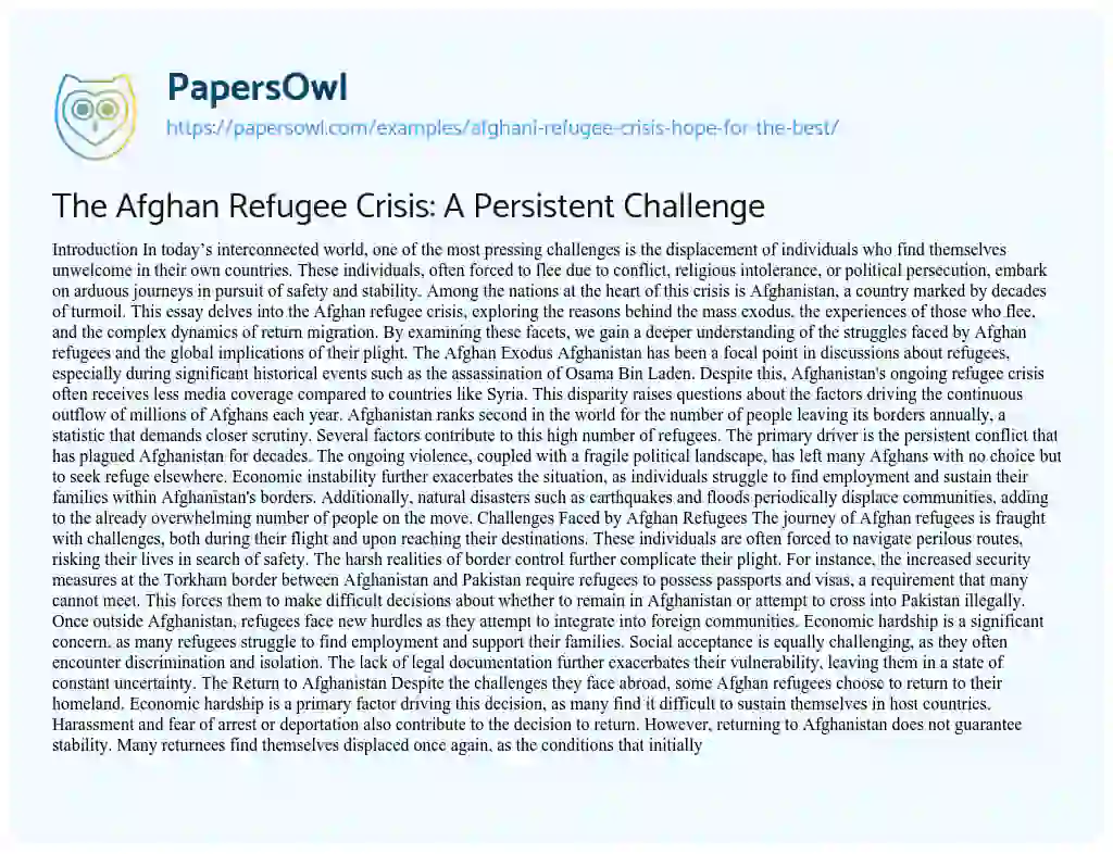 Essay on Afghani Refugee Crisis: Hope for the Best