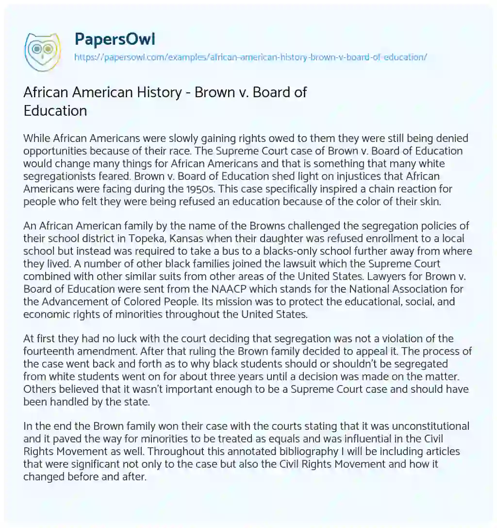 Essay on African American History – Brown V. Board of Education