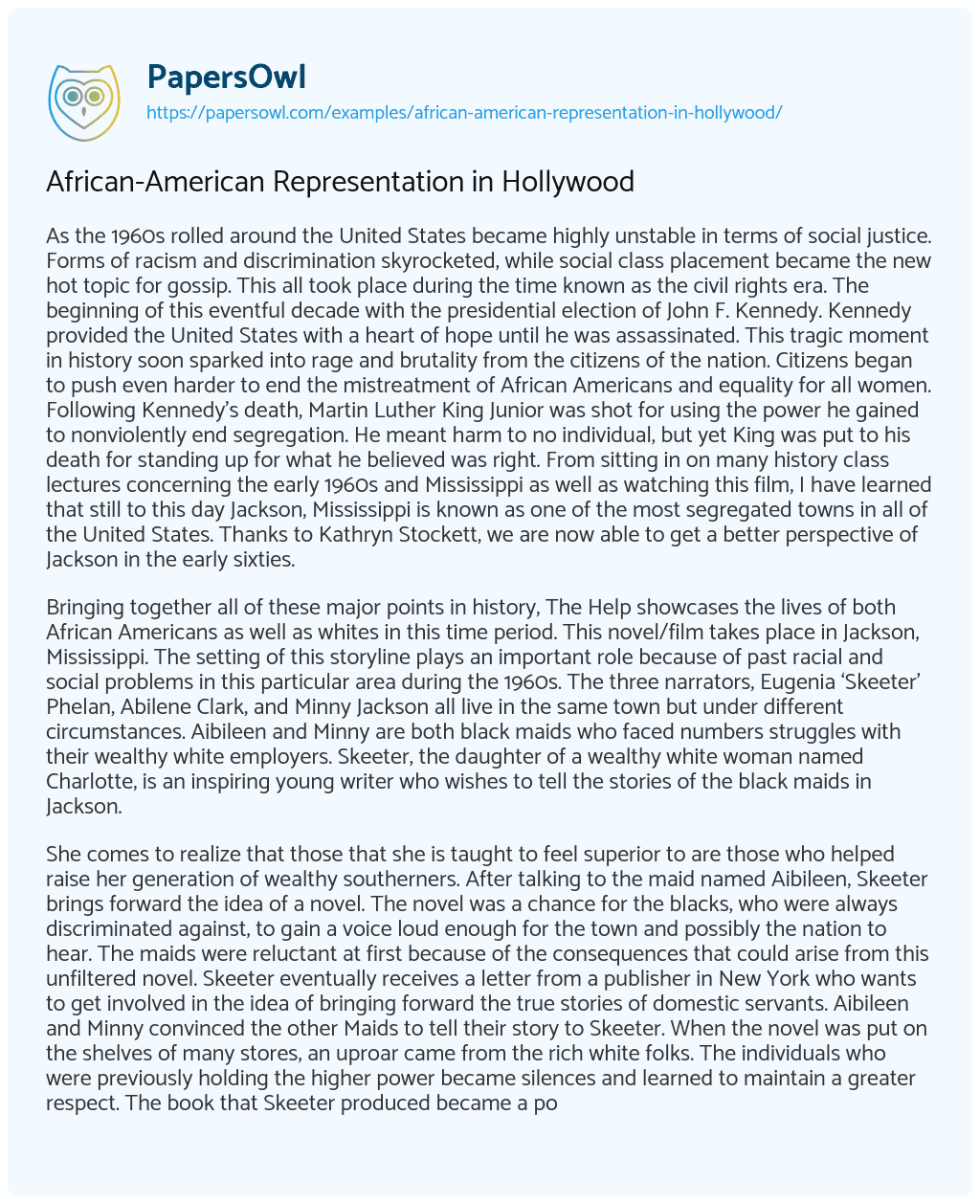 Essay on African-American Representation in Hollywood