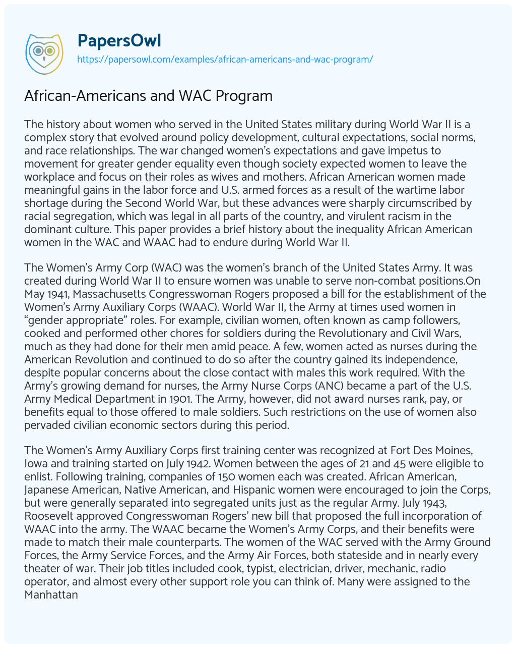 Essay on African-Americans and WAC Program