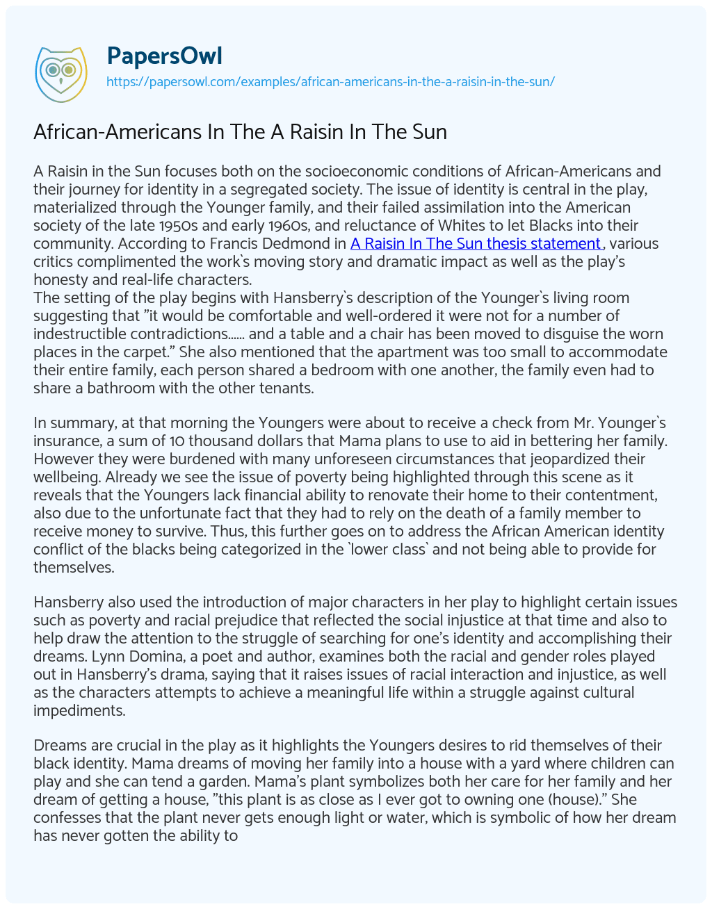 Essay on African-Americans in the a Raisin in the Sun