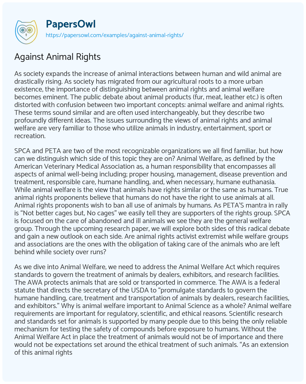 Essay on Against Animal Rights