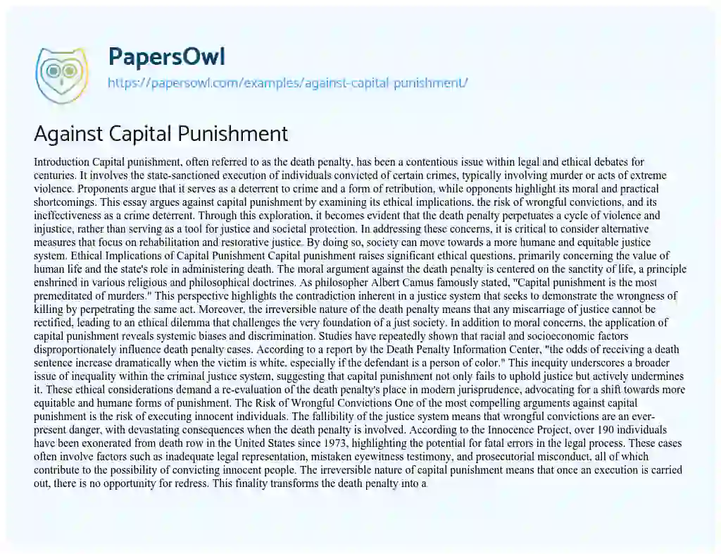 Essay on Against Capital Punishment