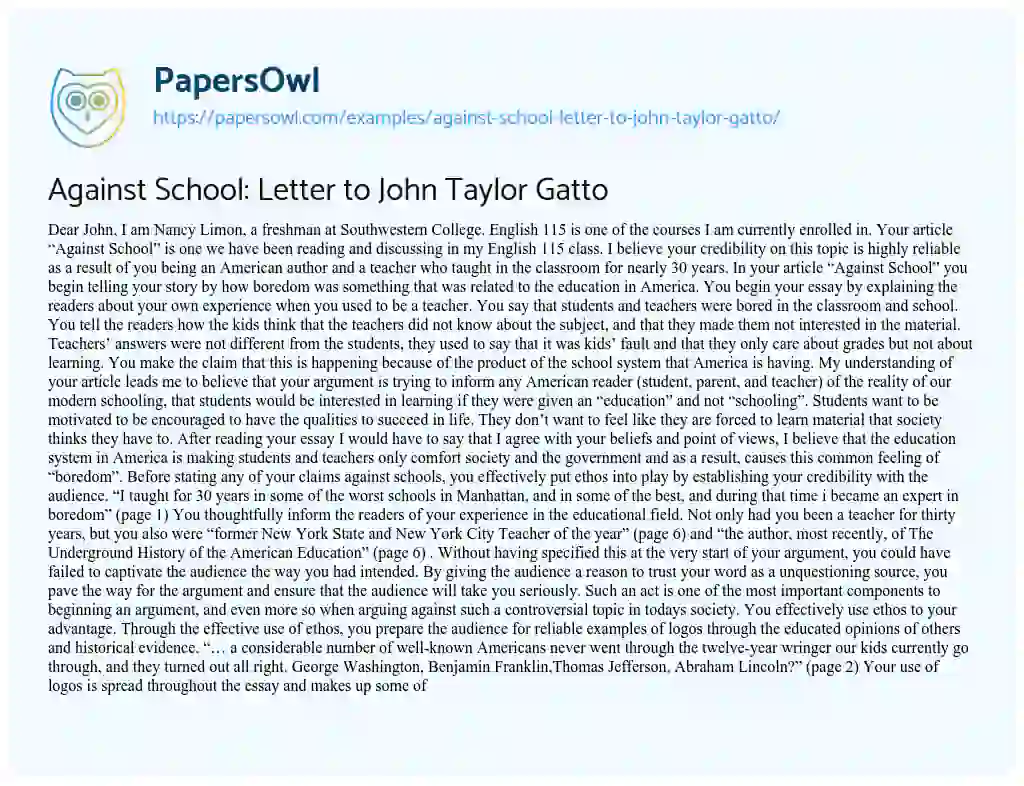Essay on Against School: Letter to John Taylor Gatto