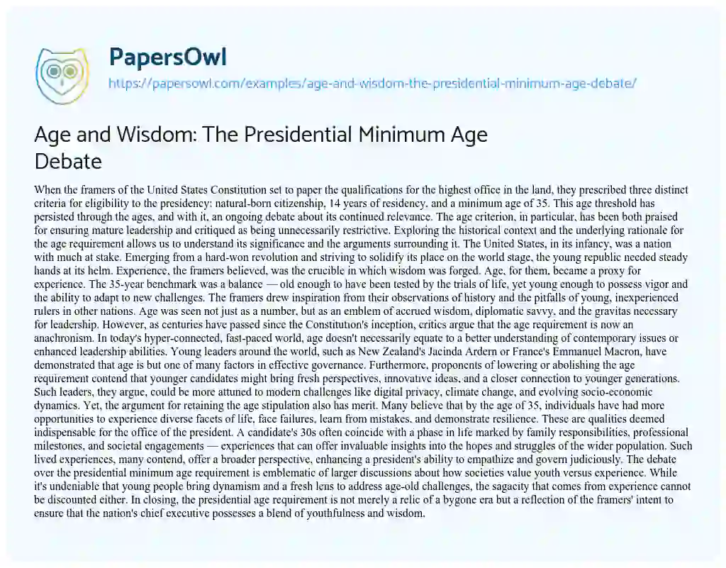 Essay on Age and Wisdom: the Presidential Minimum Age Debate