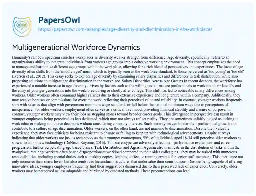 Essay on Age Diversity and Discrimination in the Workplace