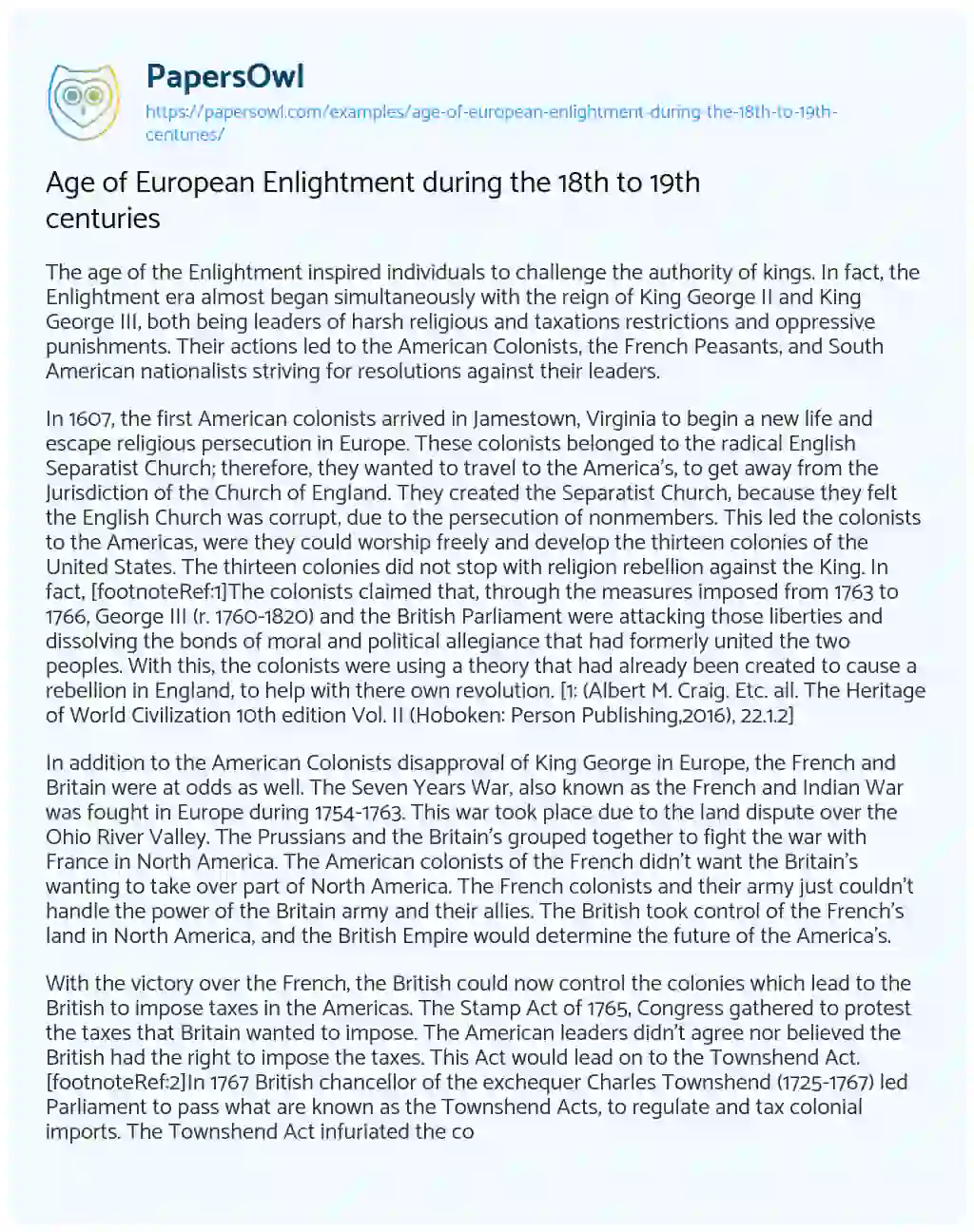 Age of European Enlightment during the 18th to 19th Centuries essay
