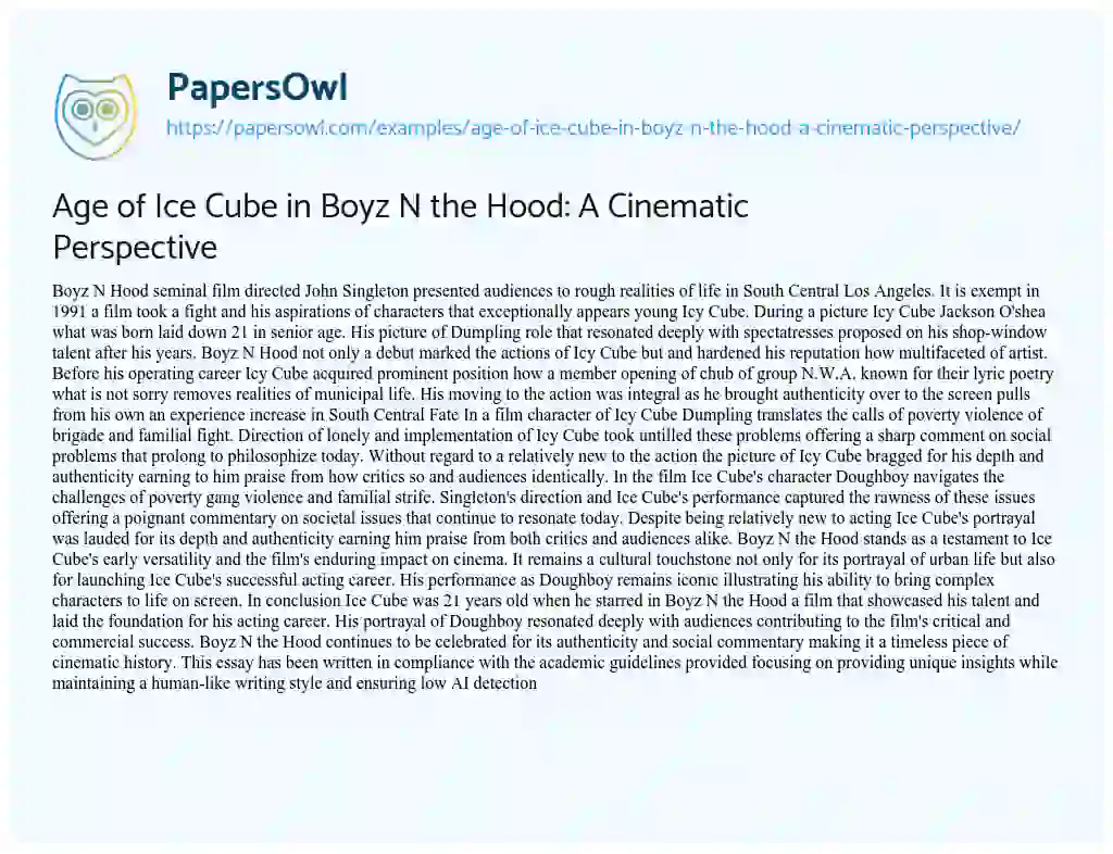 Essay on Age of Ice Cube in Boyz N the Hood: a Cinematic Perspective