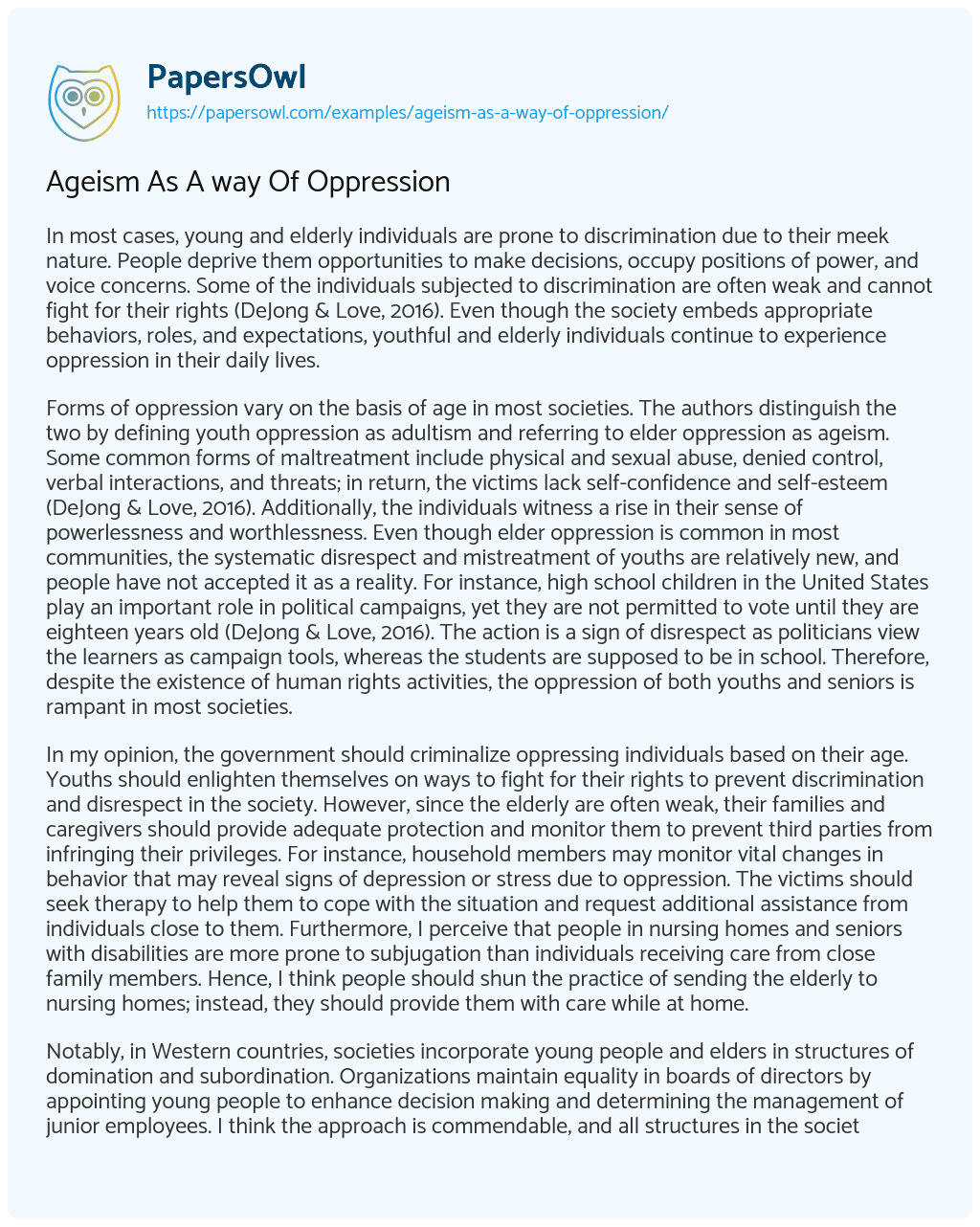 Essay on Ageism as a Way of Oppression