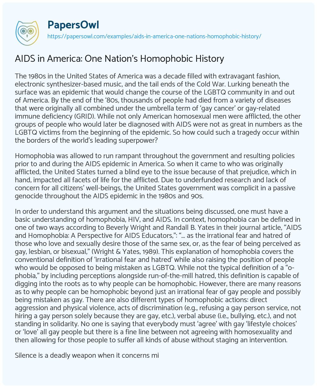 Essay on AIDS in America: One Nation’s Homophobic History