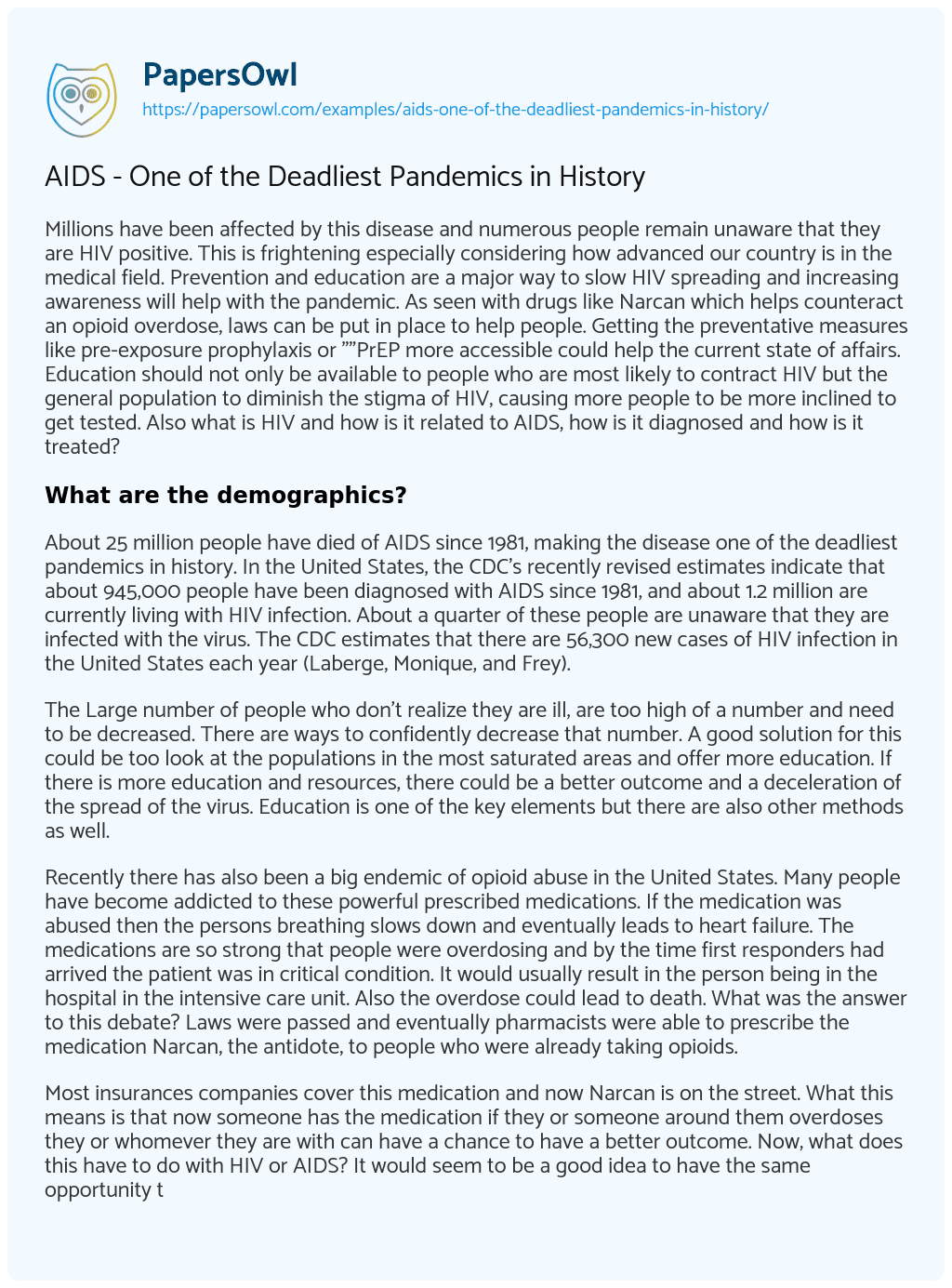 Essay on AIDS – One of the Deadliest Pandemics in History