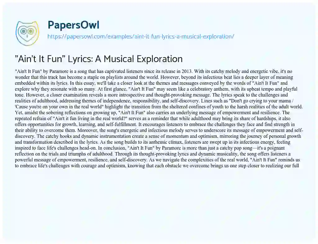 Essay on “Ain’t it Fun” Lyrics: a Musical Exploration