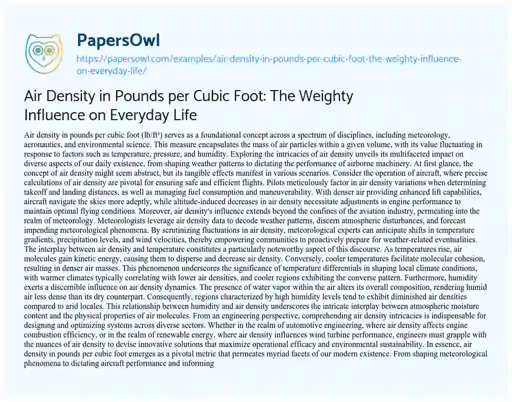 Essay on Air Density in Pounds Per Cubic Foot: the Weighty Influence on Everyday Life