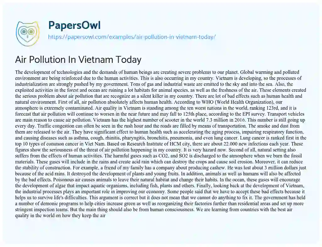 Essay on Air Pollution in Vietnam Today