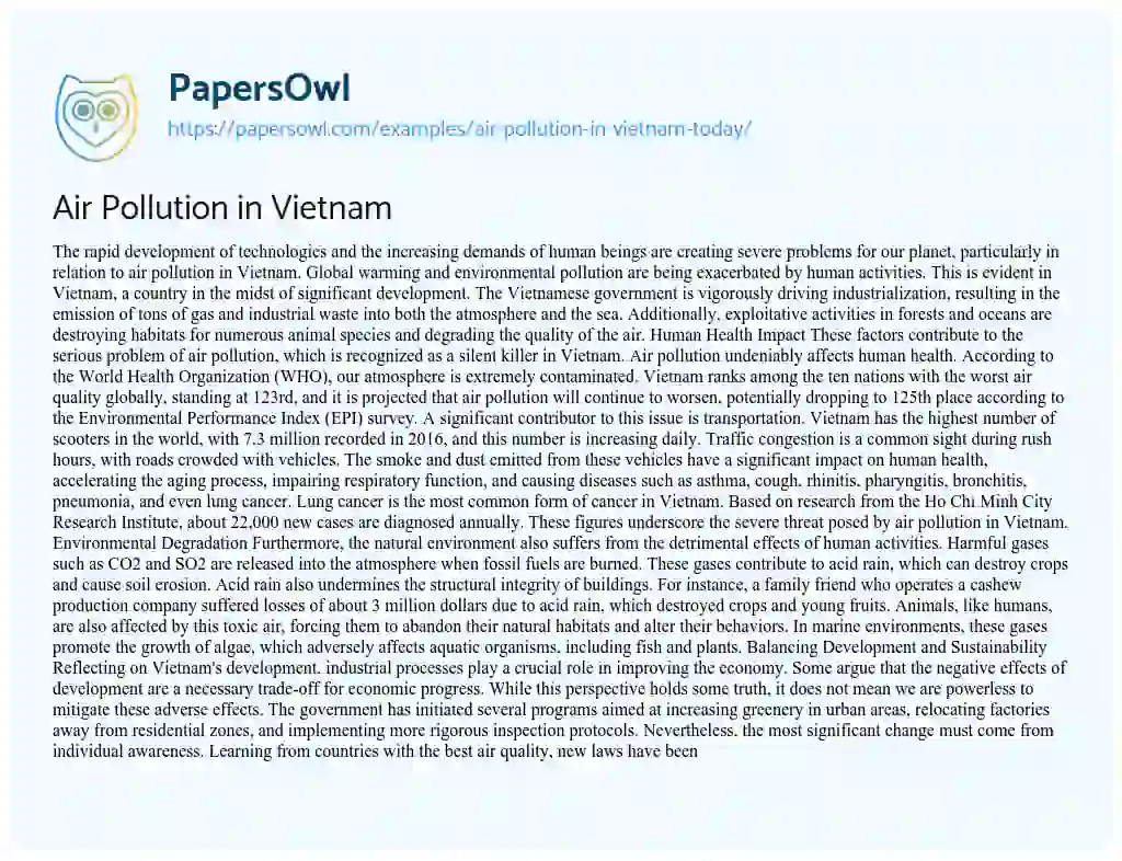 Essay on Air Pollution in Vietnam Today