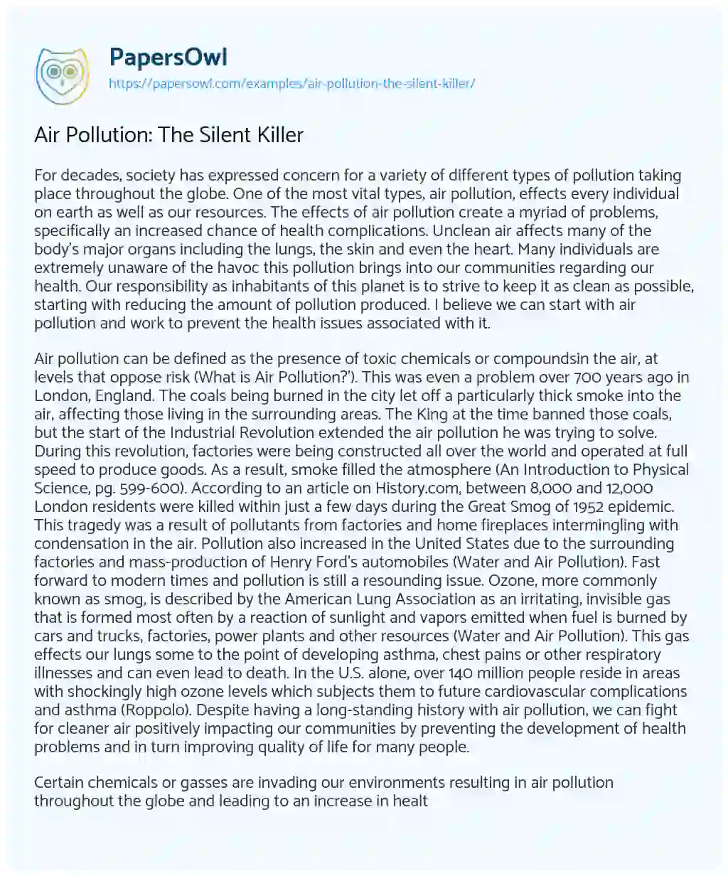 Essay on Air Pollution: the Silent Killer