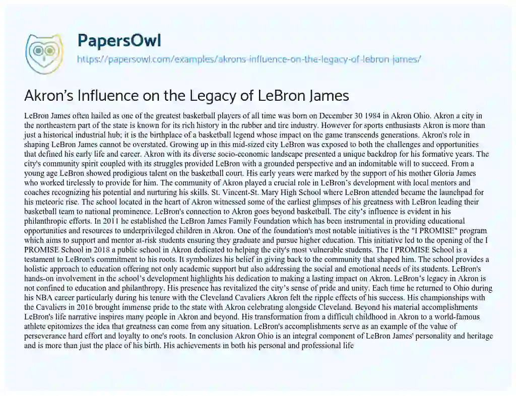 Essay on Akron’s Influence on the Legacy of LeBron James