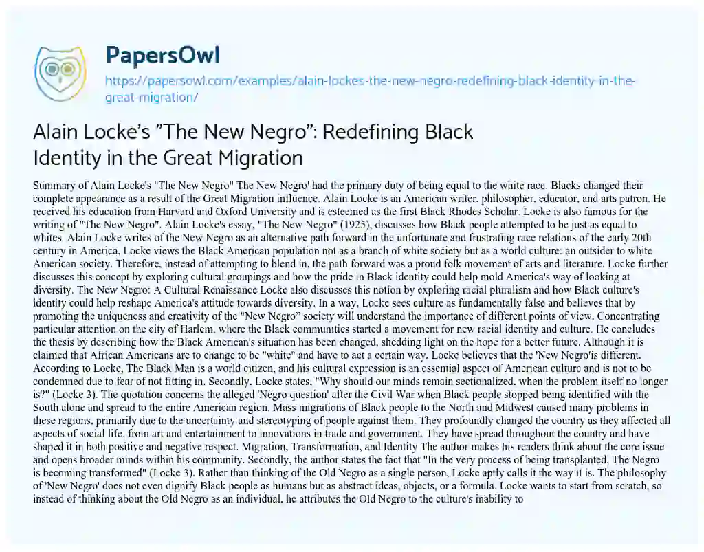 Essay on Alain Locke’s “The New Negro”: Redefining Black Identity in the Great Migration