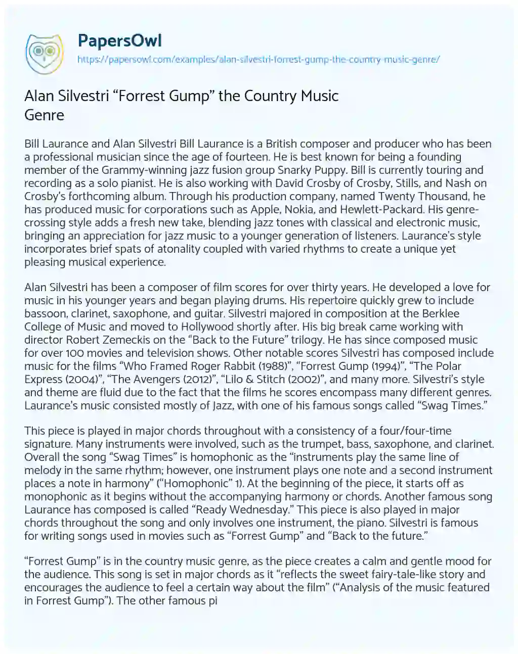 Essay on Alan Silvestri “Forrest Gump” the Country Music Genre