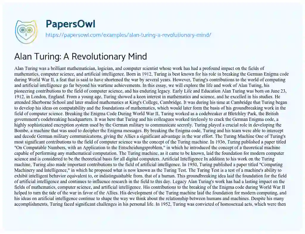 Essay on Alan Turing: A Revolutionary Mind