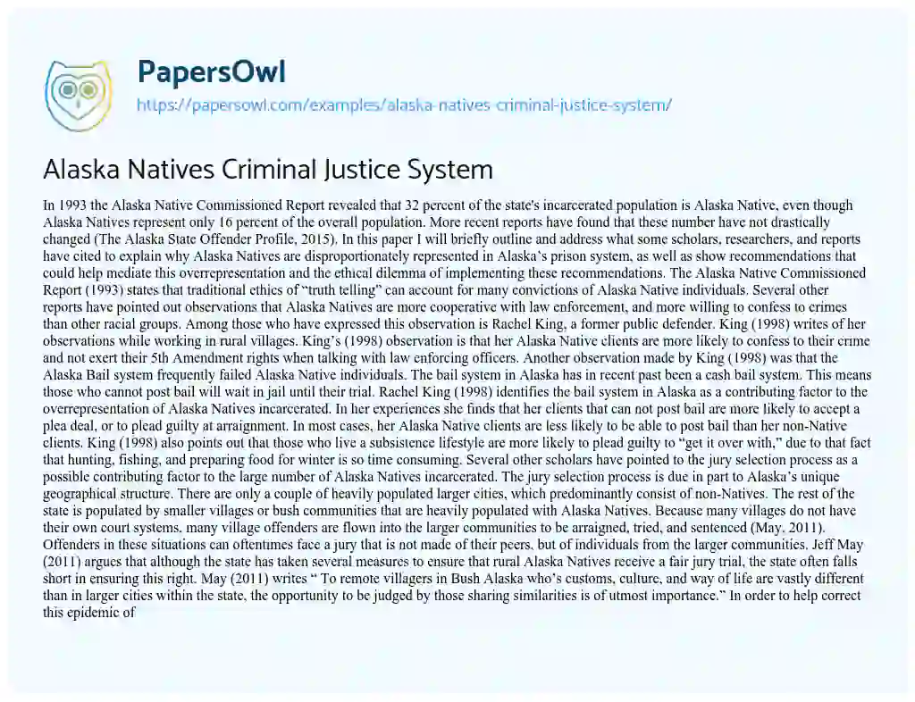 Essay on Alaska Natives Criminal Justice System