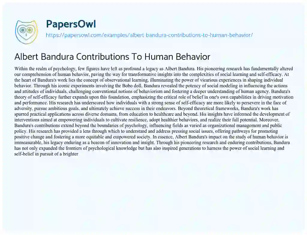 Essay on Albert Bandura Contributions to Human Behavior