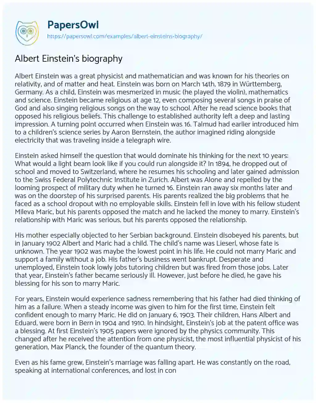 Albert Einstein’s Biography essay